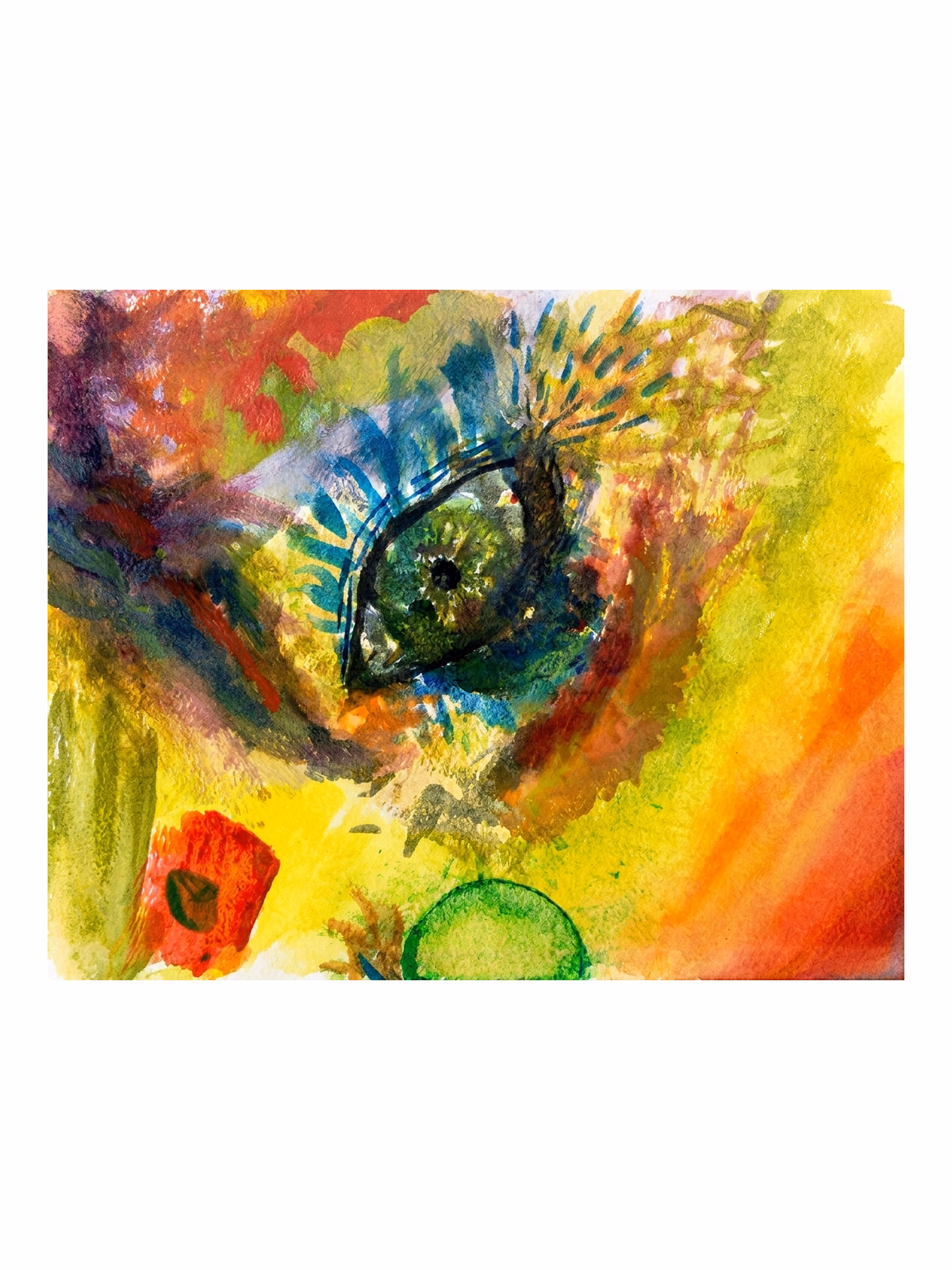 Abstract gouache and ink composition: a fish form swimming through warm and cool washes — yellow, green, red and orange — hung inverted.