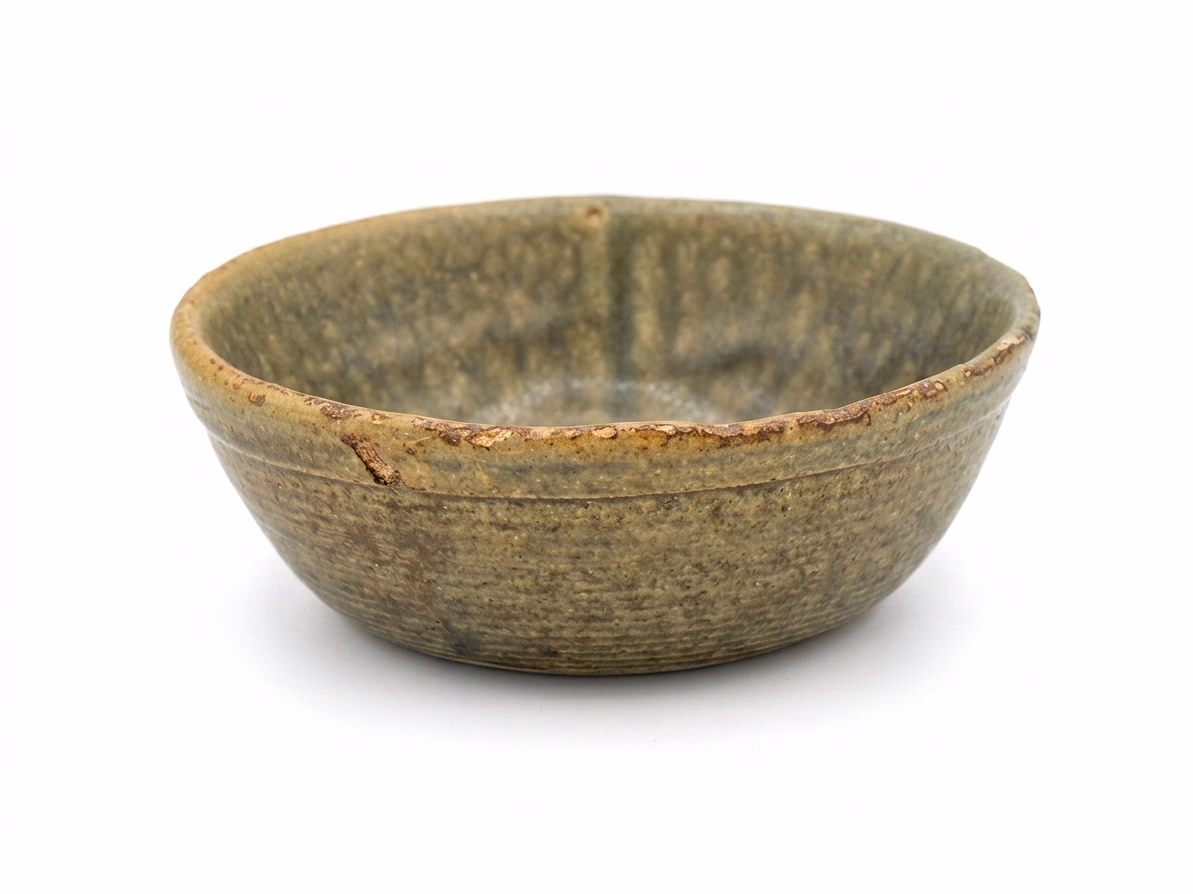A small shallow bowl in mottled olive and slate, with a slightly chipped iron-stained rim.