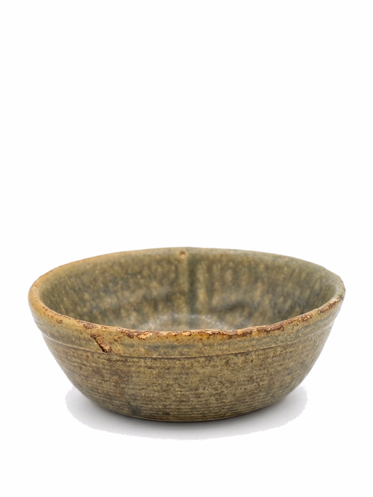 A small shallow bowl in mottled olive and slate, with a slightly chipped iron-stained rim.