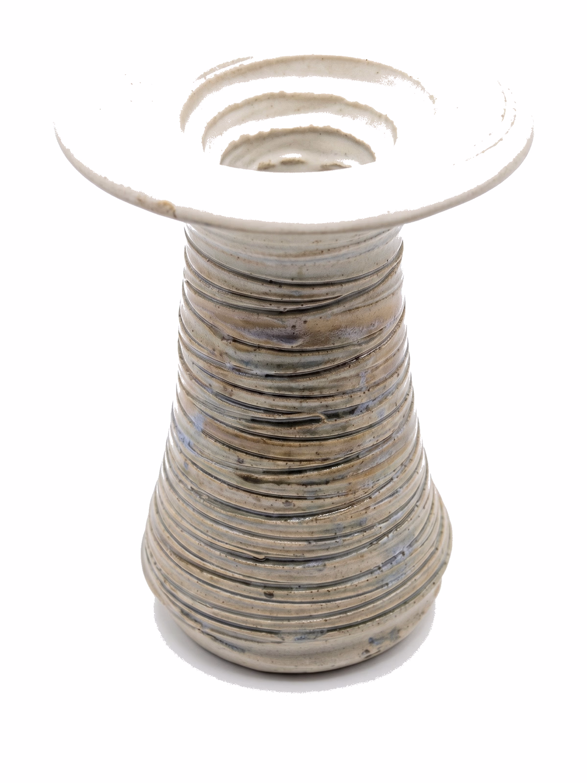 A tall vase with deep horizontal ribbing on a tapered body and a wide flared white rim.