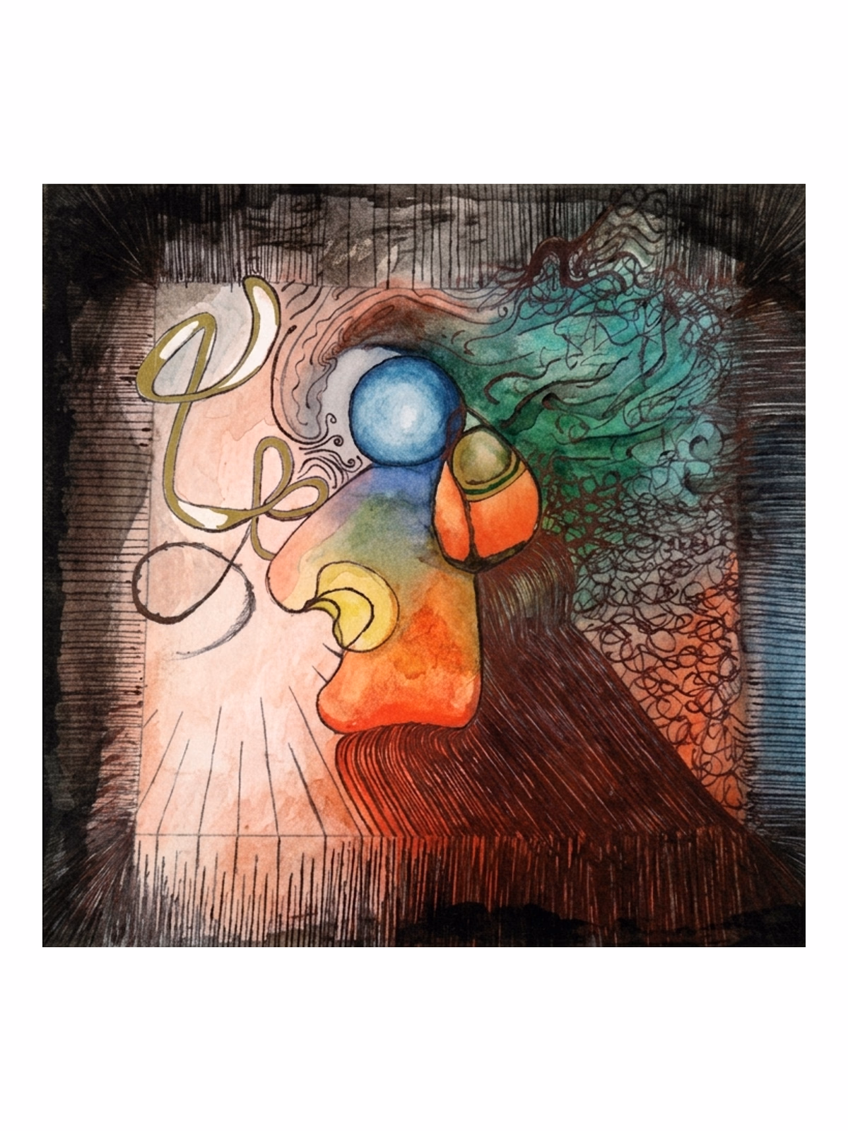A reworked self portrait: the watercolour profile face with blue ink circle and orange-yellow form, now overlaid and surrounded by dense black ink hatching and curling line work that frames the face and breaks across the green and orange grounds.