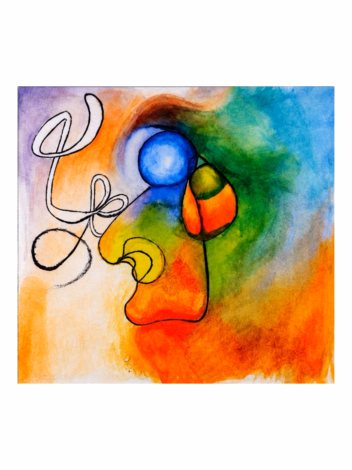A self portrait in watercolour and ink: a profile face in warm oranges and yellows, a blue ink circle above the nose, a swirling free black ink line trailing out to the side, and washes of green, red and orange around.