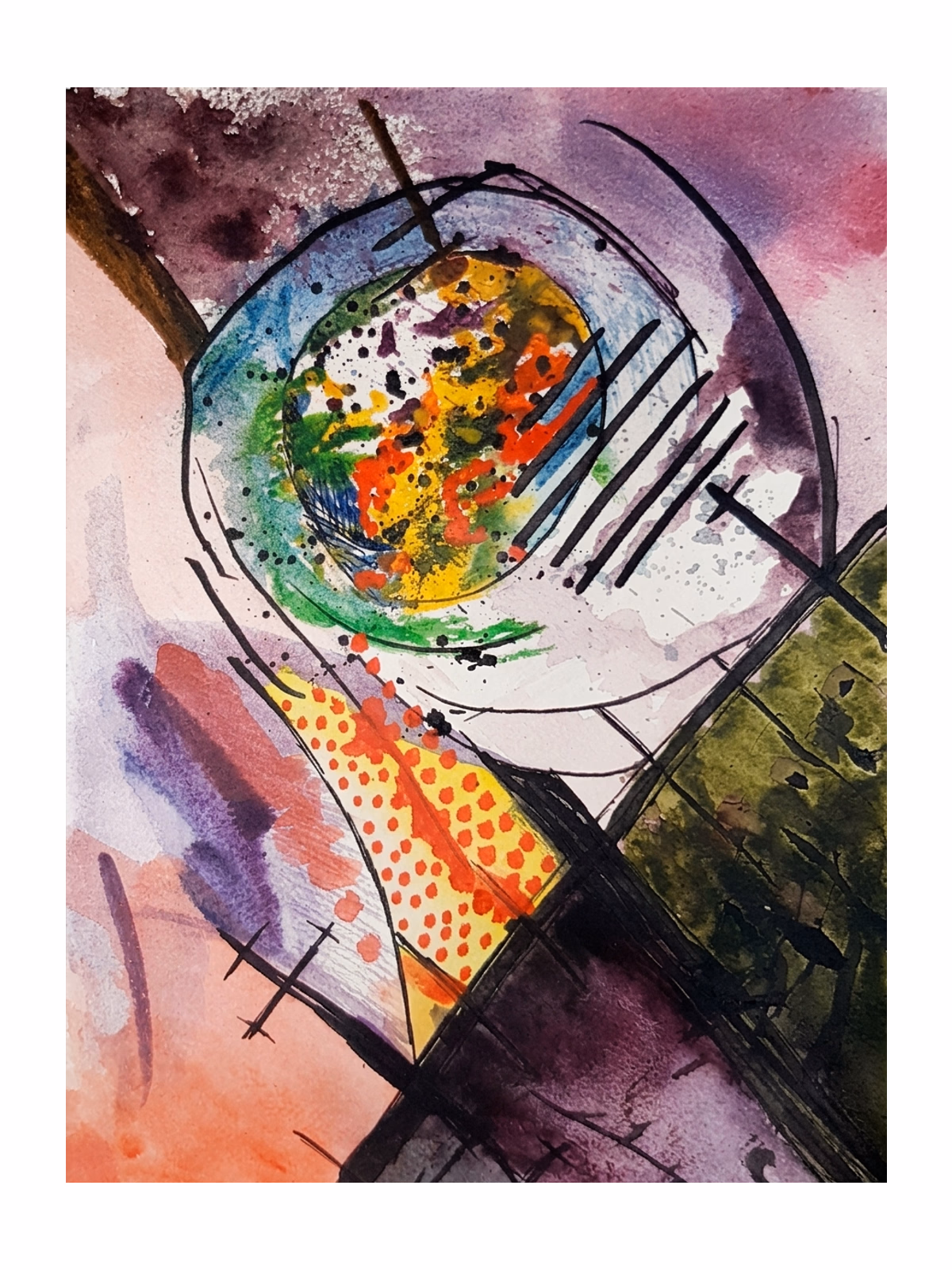 An abstract watercolour and ink work: a circular form filled with red, green and blue marks, held inside heavier black structural ink lines, on washes of purple and salmon.