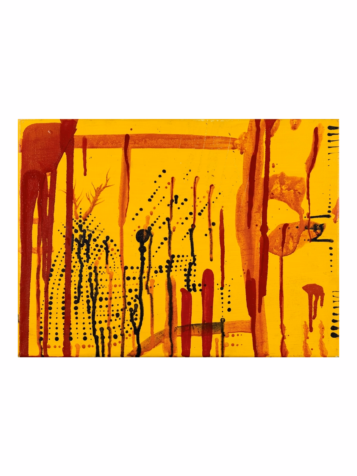 An abstract painting with a saturated yellow ground, iron-red drips running down from the top edge, and columns of stippled black dots and short verticals across the lower half.